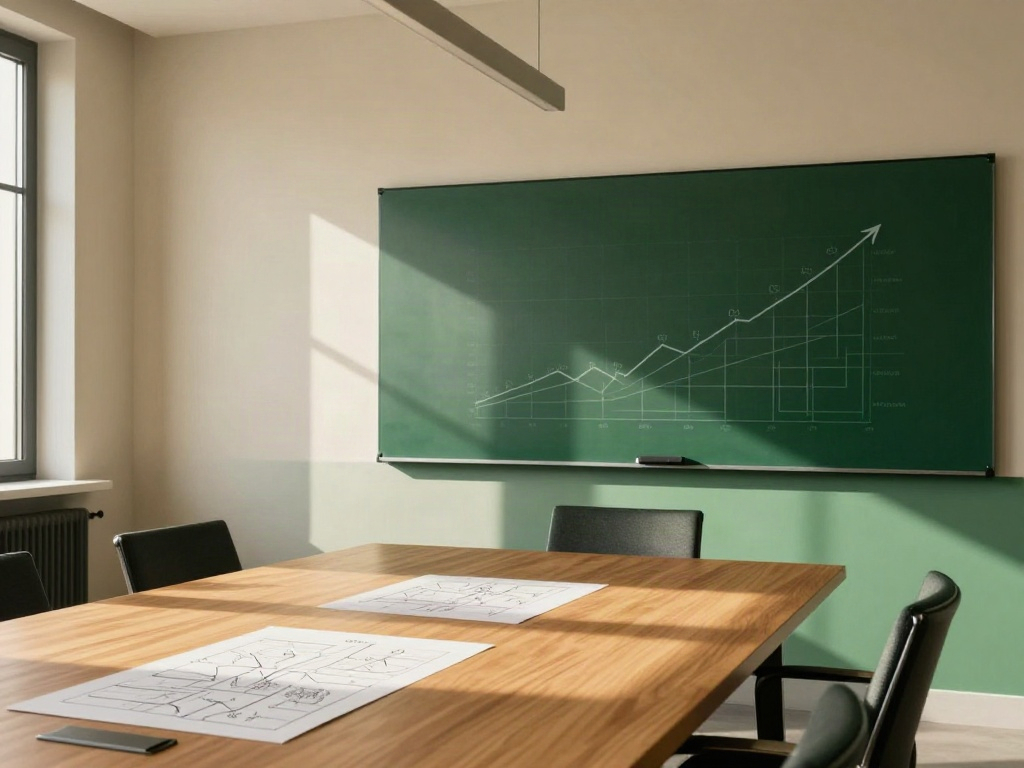 Sunlit strategy room prepared for a focused business review